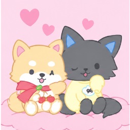 MAMEchi and Rain sharing a sweet cozy moment on a pink cushion with floating hearts