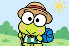 Keroppi hiking with a sun hat and backpack