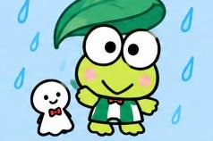 Keroppi using a green leaf umbrella in the rain with Teruteru