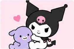 Kuromi cuddling her purple companion Baku