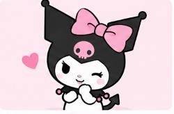 Kuromi wearing a pink bow on her black hood