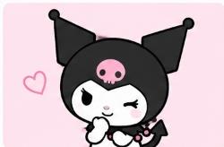 Kuromi wearing her signature black hood with pink skull
