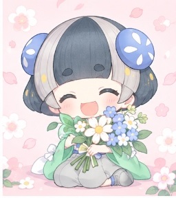 Maimaimaigoen character hugging white daisy bouquet