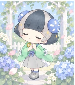 Maimaimaigoen character praying near blue hydrangeas