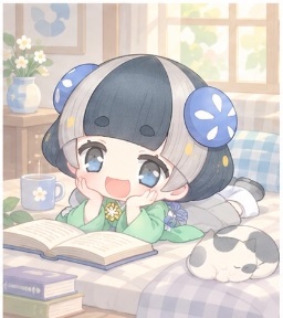 Maimaimaigoen character reading storybook with sleeping cat