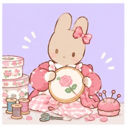 Marroncream working on floral rose embroidery with sewing basket