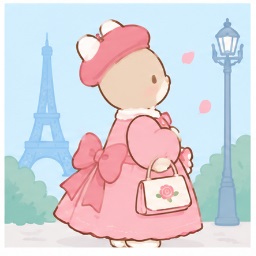 Marroncream in stylish French beret and coat with Eiffel Tower view