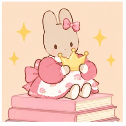Marroncream sitting on books holding a golden crown