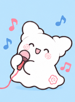 Marumaru singing into a pink microphone with floating musical notes celebrating Hanamaru Day