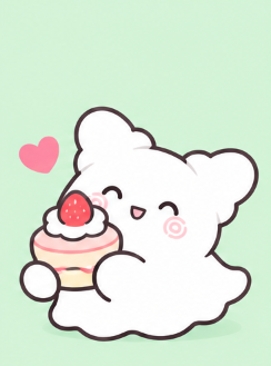 Marumaru holding a delicious strawberry shortcake dessert with a happy expression