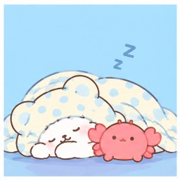 Moppu sleeping deeply under his blanket with Kanikama plush
