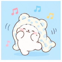 Moppu dancing happily with musical notes in his blanket