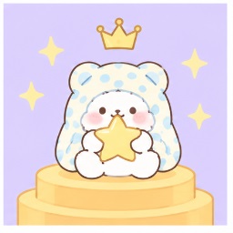 Moppu celebrating on the podium with a gold star and crown