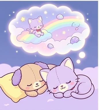 Mew sleeping beside a friend sharing a magical rainbow dream