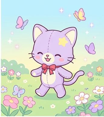Mew taking a joyful walk through a field of spring flowers