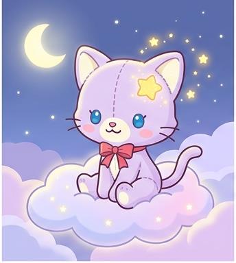 Mew on cloud under moonlight with sparkling star ear