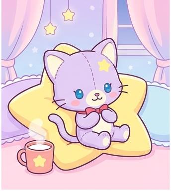 Mew sitting on her yellow star-shaped cushion with hot milk