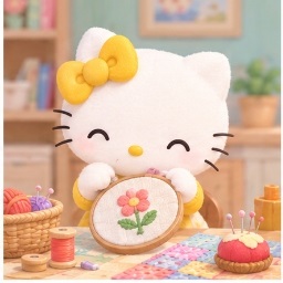 Mimmy working on a colorful floral embroidery hoop