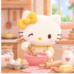 Mimmy in kitchen apron preparing ingredients for home economics baking