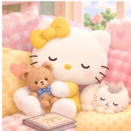 Mimmy White relaxing on floral sofa with plush teddy bear and sleeping kitten
