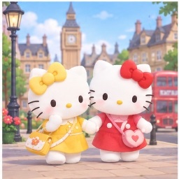 Mimmy and Hello Kitty strolling along a London street with Big Ben and red double decker bus in background