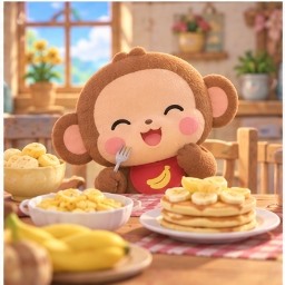 Osaru no Monkichi with his parents enjoying a spread of homemade banana dishes