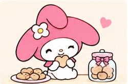 My Melody holding a cookie beside a jar of baked cookies