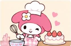 My Melody in chef hat whisking batter beside a cake