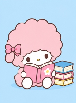 My Sweet Piano reading a pink flower book next to a colorful stack of books