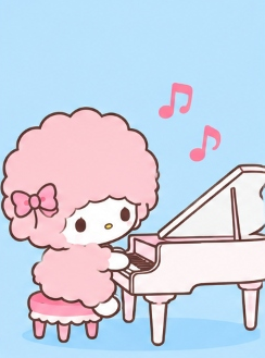 My Sweet Piano playing music on a white grand piano with floating musical notes