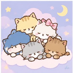 Dreamy Cloud Cuddle Time - NYA・NI・NYU・NYE・NYON Sanrio character illustration