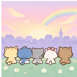 Rainbow Meadow Twilight - NYA・NI・NYU・NYE・NYON Sanrio character illustration