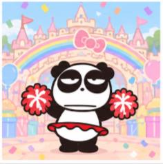 Pandaba with cheer pom-poms at Sanrio Puroland