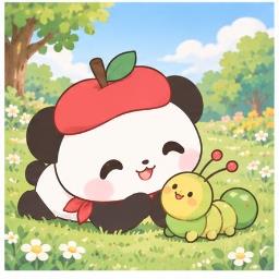 Pandapple playing with pet caterpillar Imomushi-chan