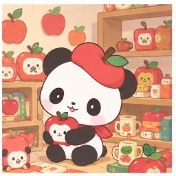 Pandapple surrounded by his apple goods collection