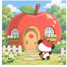 Pandapple outside his apple-scented apple house
