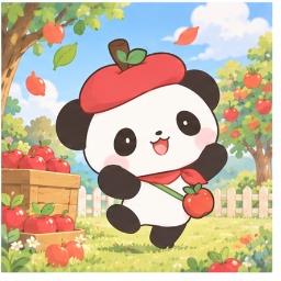 Pandapple joyfully dancing among apples