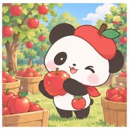 Pandapple holding freshly picked apples in the orchard