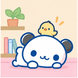 Pan-kun lying down peacefully with a friendly yellow bird perched on his head