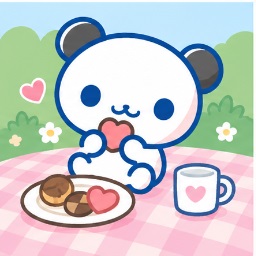 Pan-kun having a warm sunny picnic surrounded by fresh heart cookies and pastries
