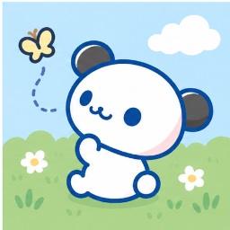 Pan-kun sitting in the grass happily watching a yellow butterfly flutter by