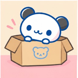 Pan-kun the young panda peeking out from his cozy cardboard box with a bear emblem