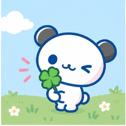 Pan-kun winking in a clover meadow holding a lucky four-leaf clover