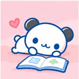 Pan-kun lying peacefully on the grass reading a colorful storybook
