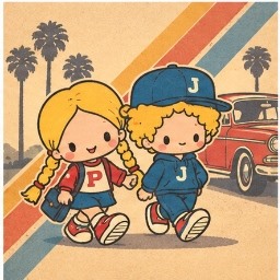 Vintage retro 1970s styled illustration of Patty and Jimmy walking together