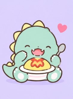 Pawaruu sitting happily with a spoon ready to eat a big plate of delicious omurice