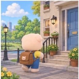 Pippo walking out of a quaint town apartment building toward a scenic park
