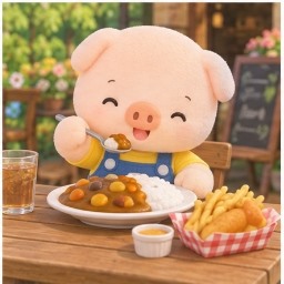 Pippo happily eating a plate of curry rice alongside crispy fish and chips