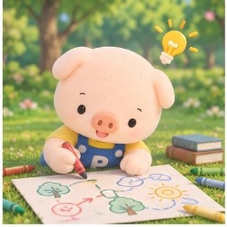 Pippo drawing colorful game maps on paper with a bright idea lightbulb overhead