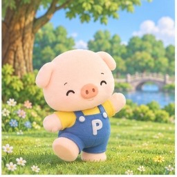 Pippo happily walking through a lush green park with blooming flowers